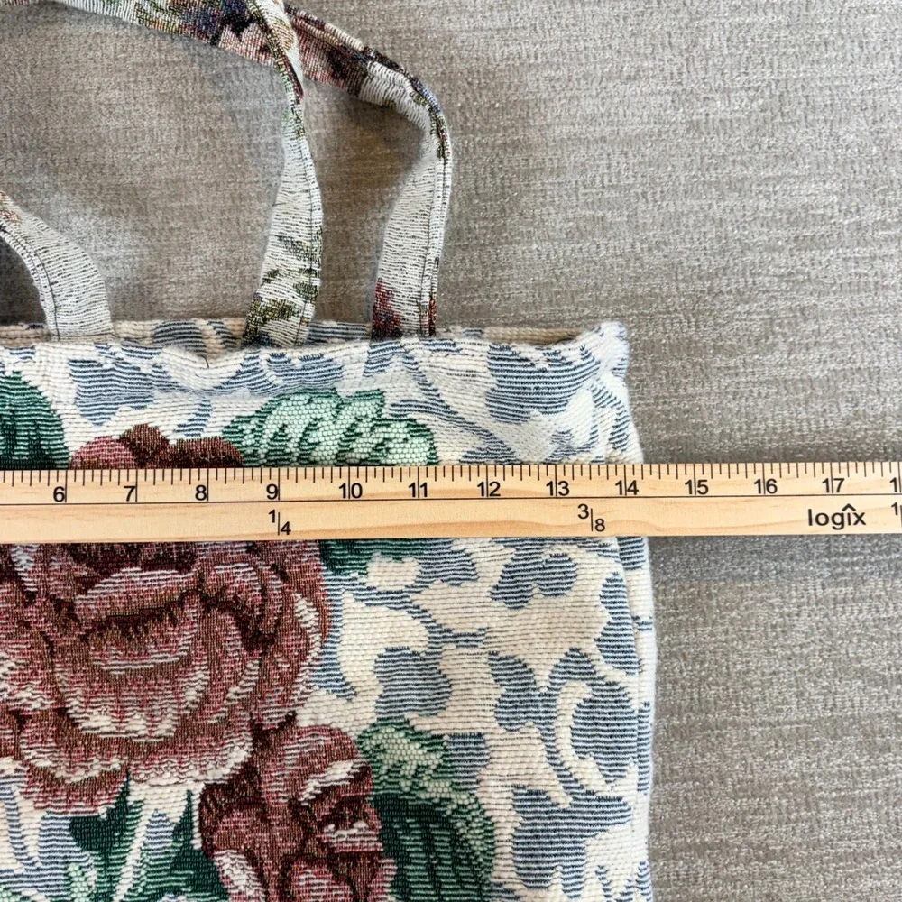 Vintage Floral Tapestry Tote Bag Woven Rose Cottagecore Burgundy Lined Handbag